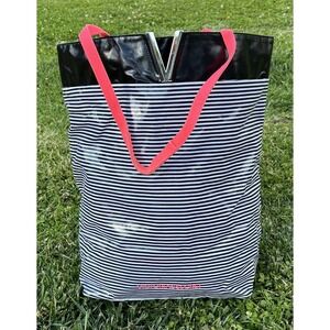 Victoria's Secret Tote Bag Womens Large Black Striped Vinyl Pink Handles Beach
